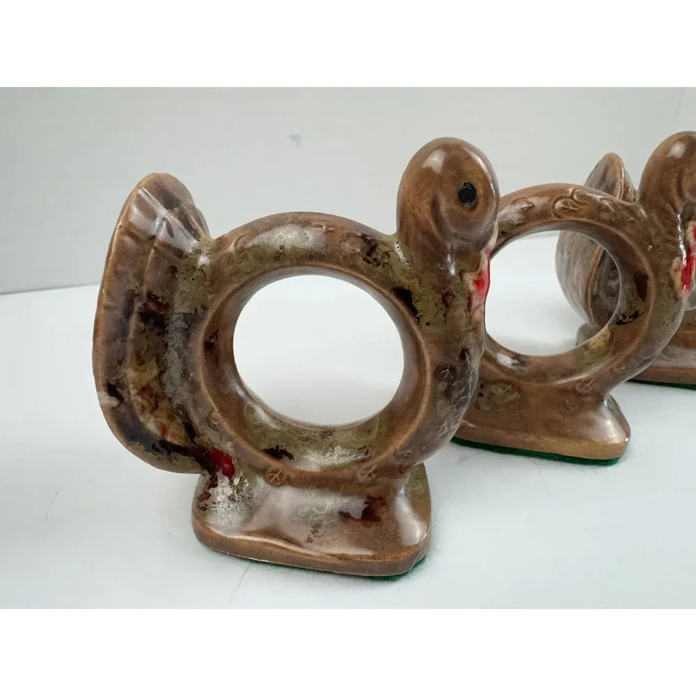 Vintage Ceramic Turkey Napkin Rings Set of 4 Brown Glazed Thanksgiving Decor
